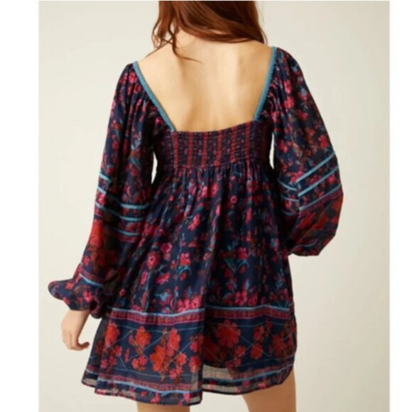 Free People Endless Afternoon Mini Dress Blue Red Floral Long Sleeve Babydoll - Picture 10 of 11